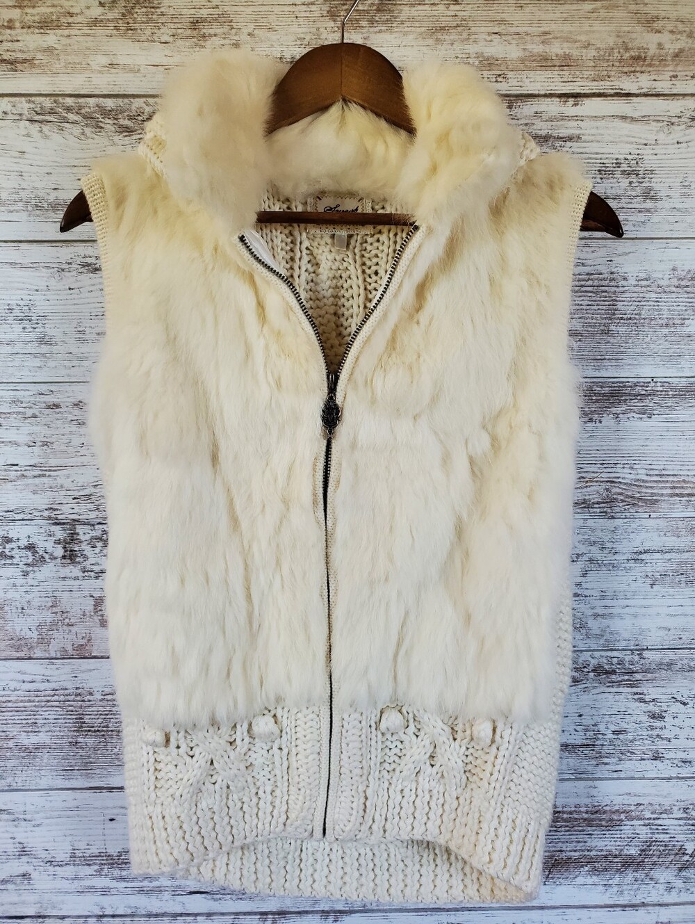 Sweet by Miss Me Angora Fur Cable Knit Hooded Sweater Vest Ivory Like New - Picture 6 of 16